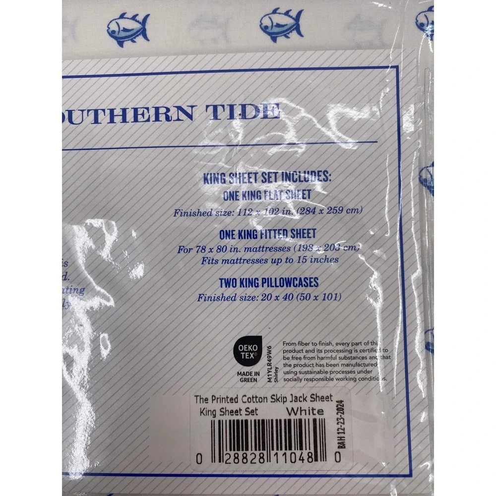 Southern Tide Skipjack Sheet Set King White Blue 100% Cotton Percale Coastal